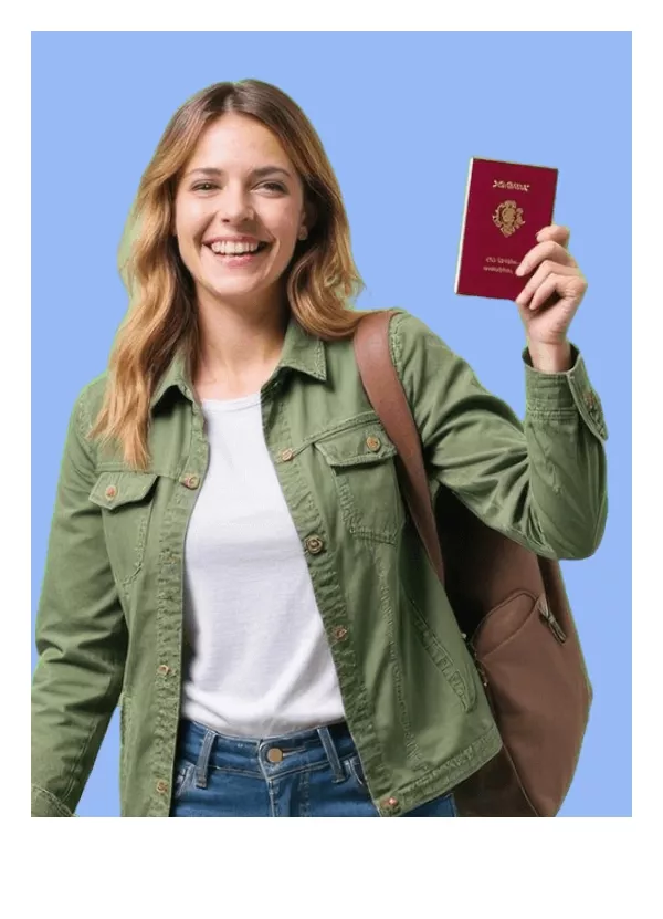 Happy woman showing her passport after extend with Bali Visa Center